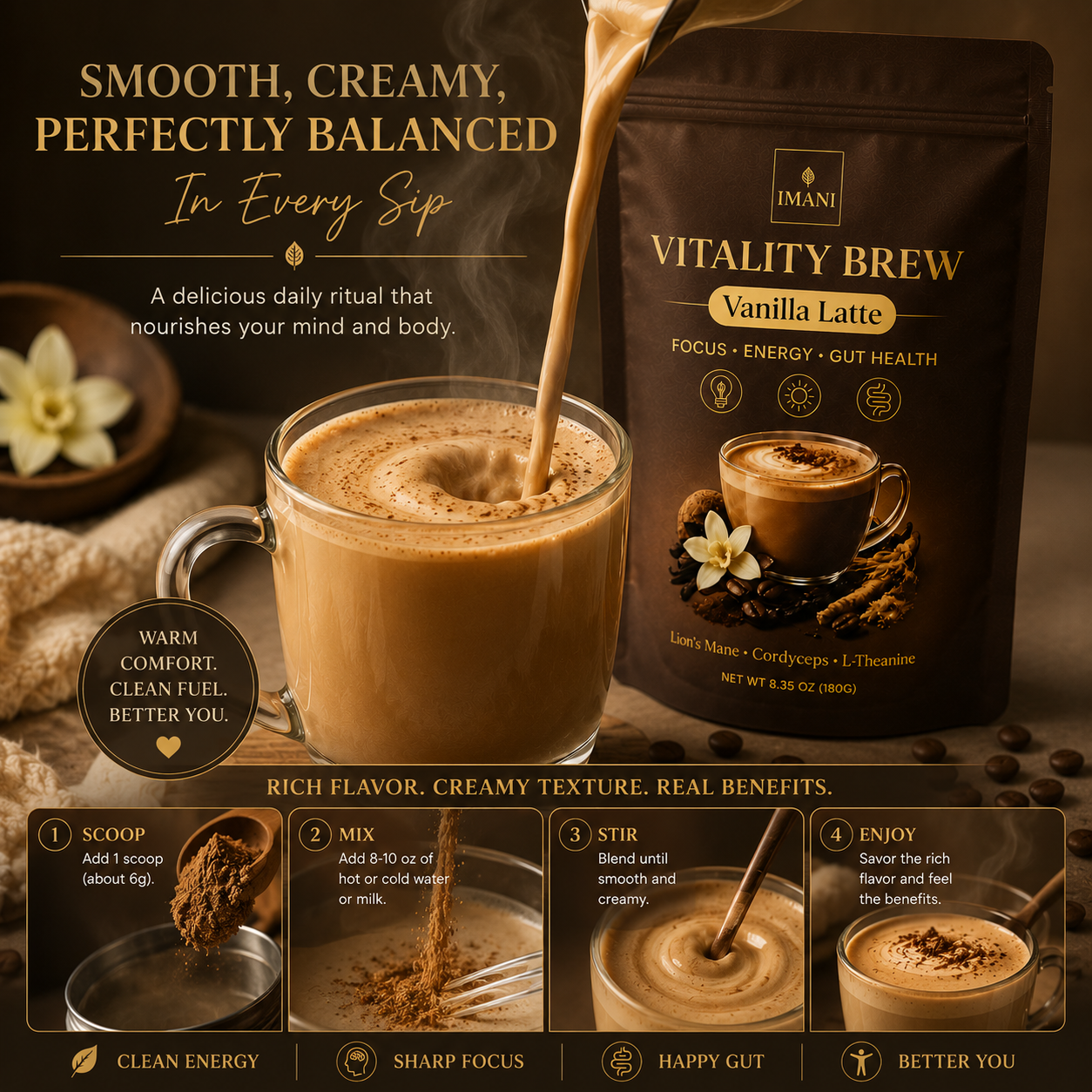 IMANI VANILLA LATTE Beyond Vitality Brew Mushroom Coffee 7-in-1 Cacao Energy/focus/Gut/Mental