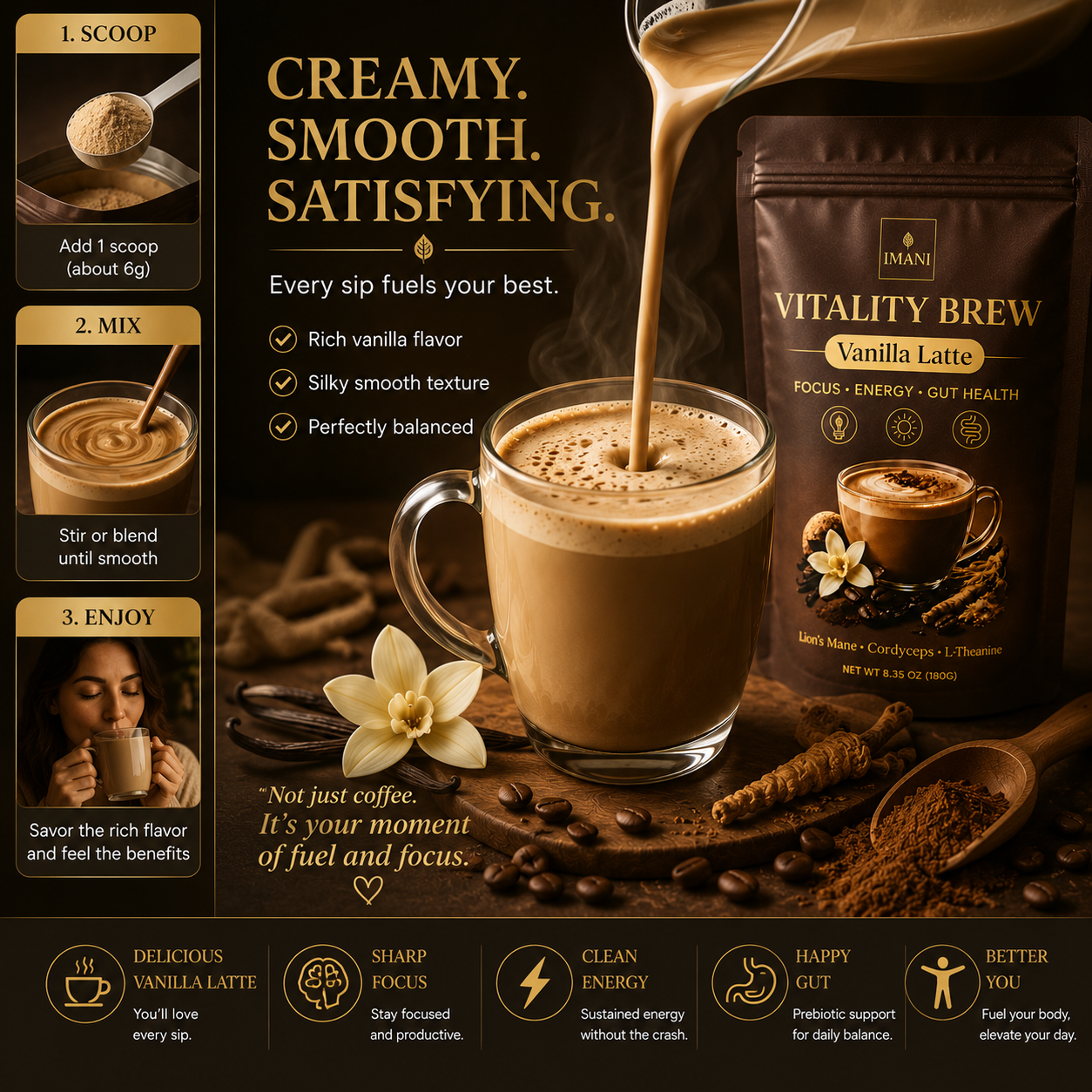 IMANI VANILLA LATTE Beyond Vitality Brew Mushroom Coffee 7-in-1 Cacao Energy/focus/Gut/Mental