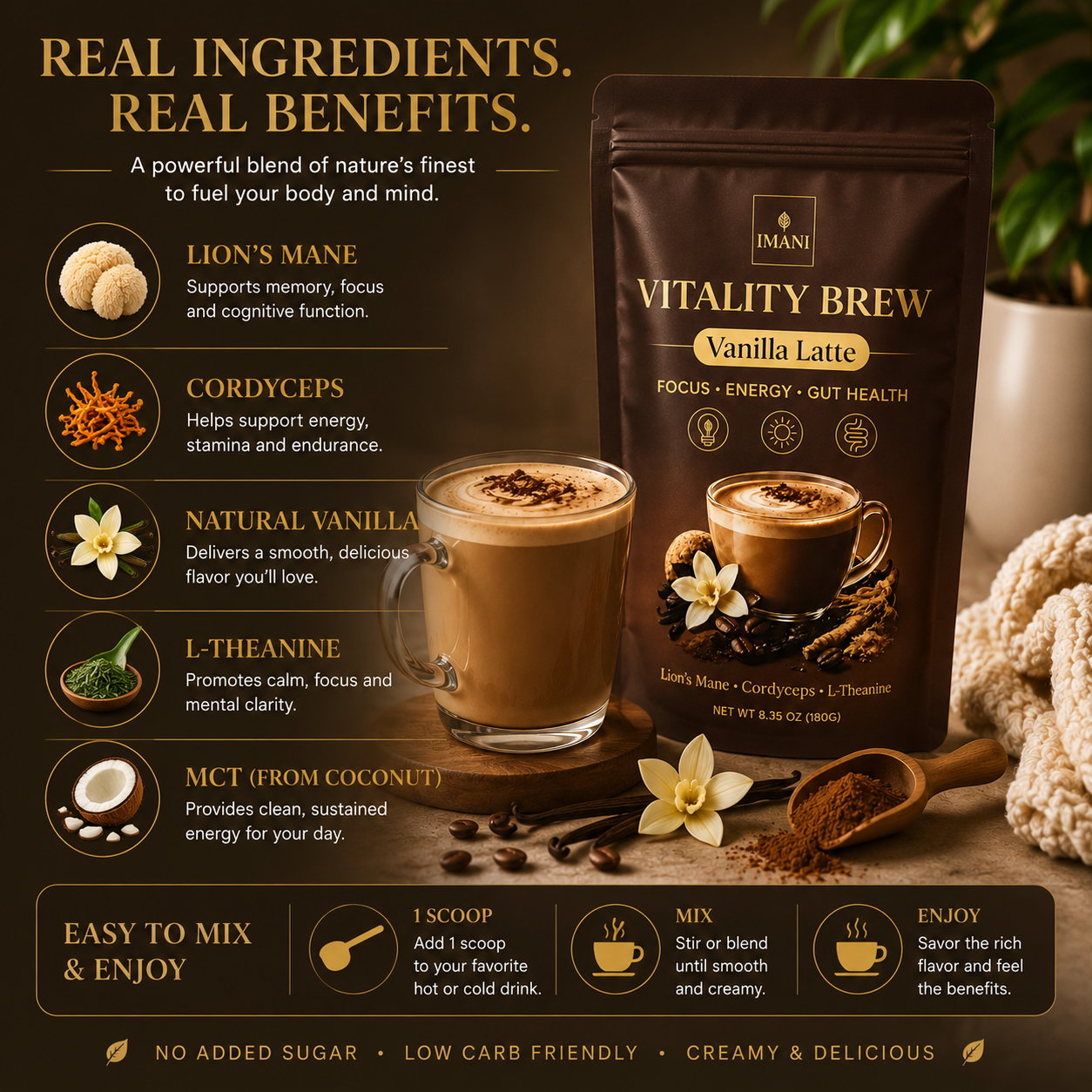 IMANI VANILLA LATTE Beyond Vitality Brew Mushroom Coffee 7-in-1 Cacao Energy/focus/Gut/Mental