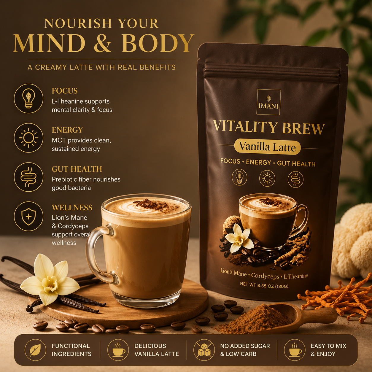 IMANI VANILLA LATTE Beyond Vitality Brew Mushroom Coffee 7-in-1 Cacao Energy/focus/Gut/Mental
