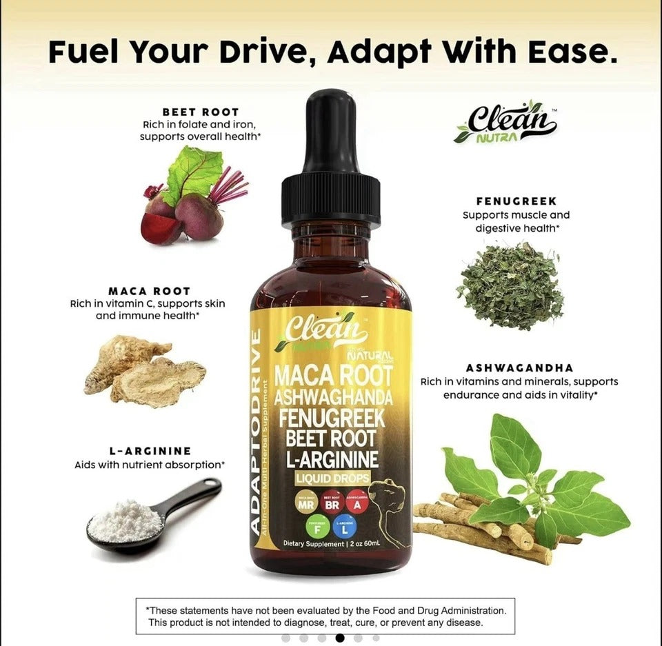 Clean Nutra Adaptodrive Liquid Drops - Maca Root, Ashwagandha, Beet Root, L-Arginine
