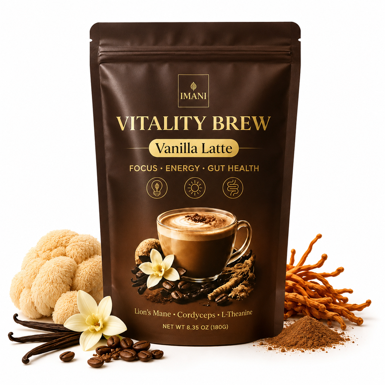 IMANI VANILLA LATTE Beyond Vitality Brew Mushroom Coffee 7-in-1 Cacao Energy/focus/Gut/Mental