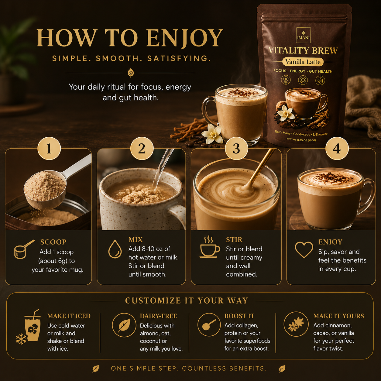 IMANI VANILLA LATTE Beyond Vitality Brew Mushroom Coffee 7-in-1 Cacao Energy/focus/Gut/Mental