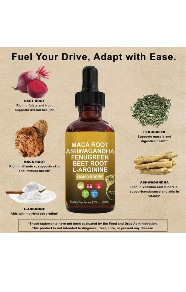 Maca Root Drops-Maca Root Ashwagandha Fenugreek Beet Root L-Arginine - 60ml