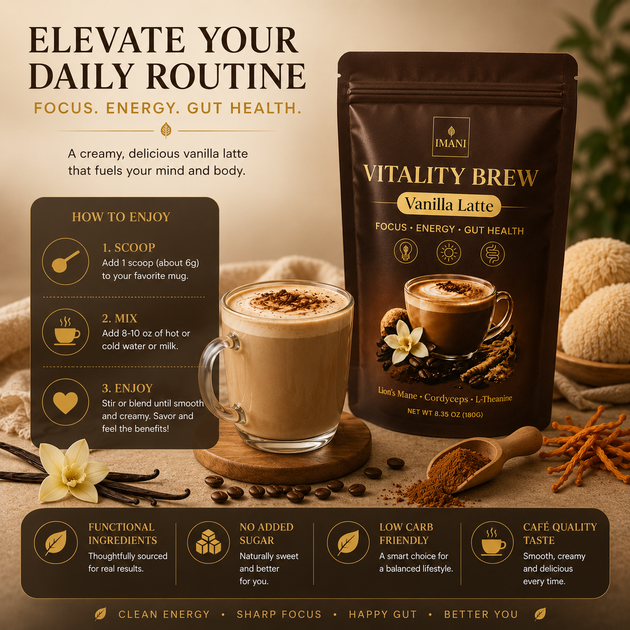 IMANI VANILLA LATTE Beyond Vitality Brew Mushroom Coffee 7-in-1 Cacao Energy/focus/Gut/Mental
