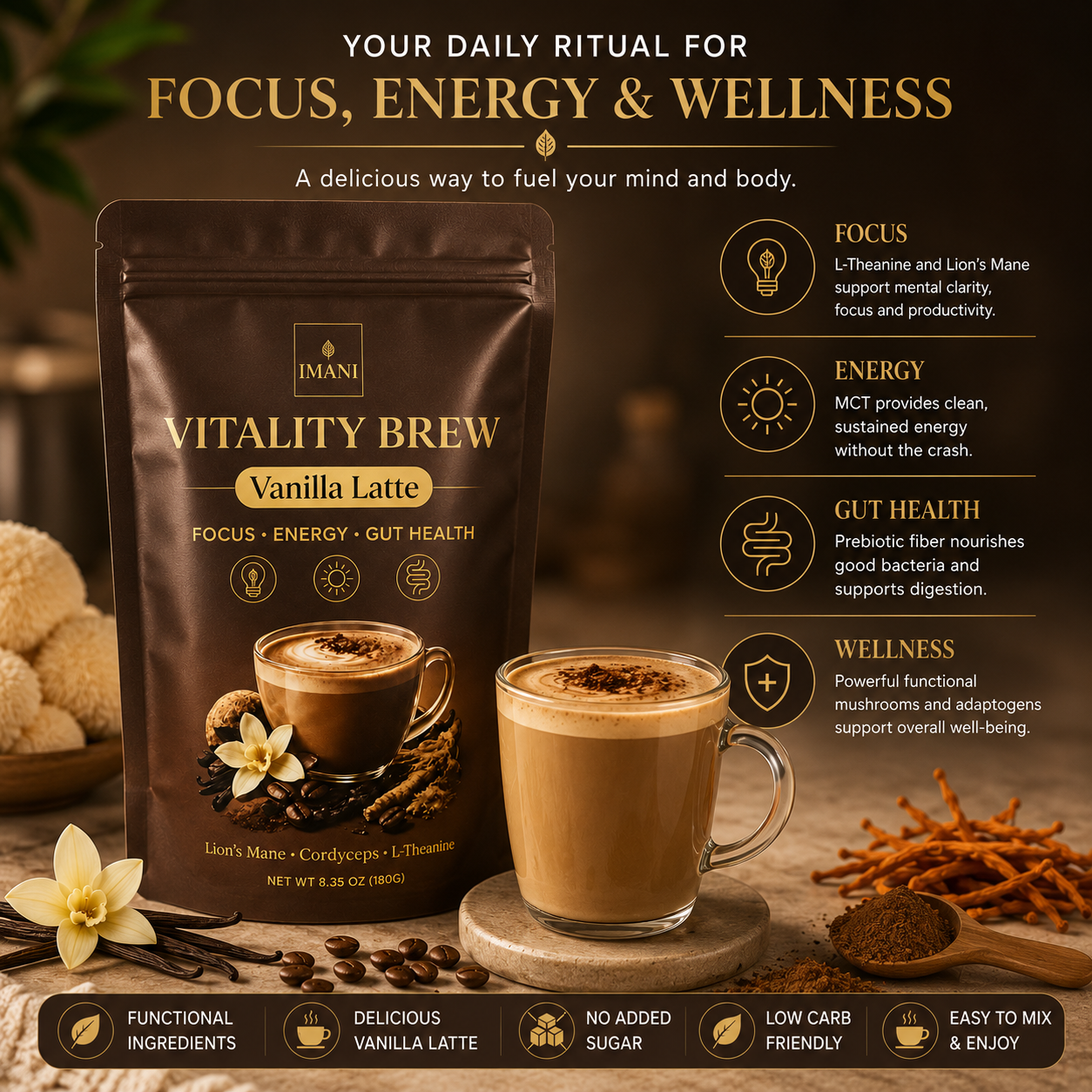 IMANI VANILLA LATTE Beyond Vitality Brew Mushroom Coffee 7-in-1 Cacao Energy/focus/Gut/Mental