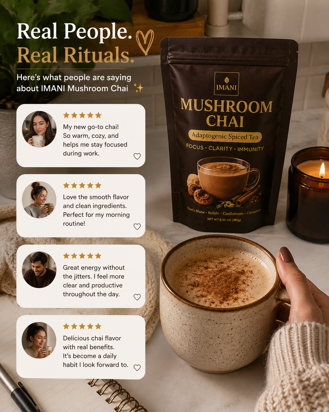 IMANI ORGANICS Adaptogenic Mushroom Chai Latte –  Spiced Tea for Focus, Clarity & Immunity