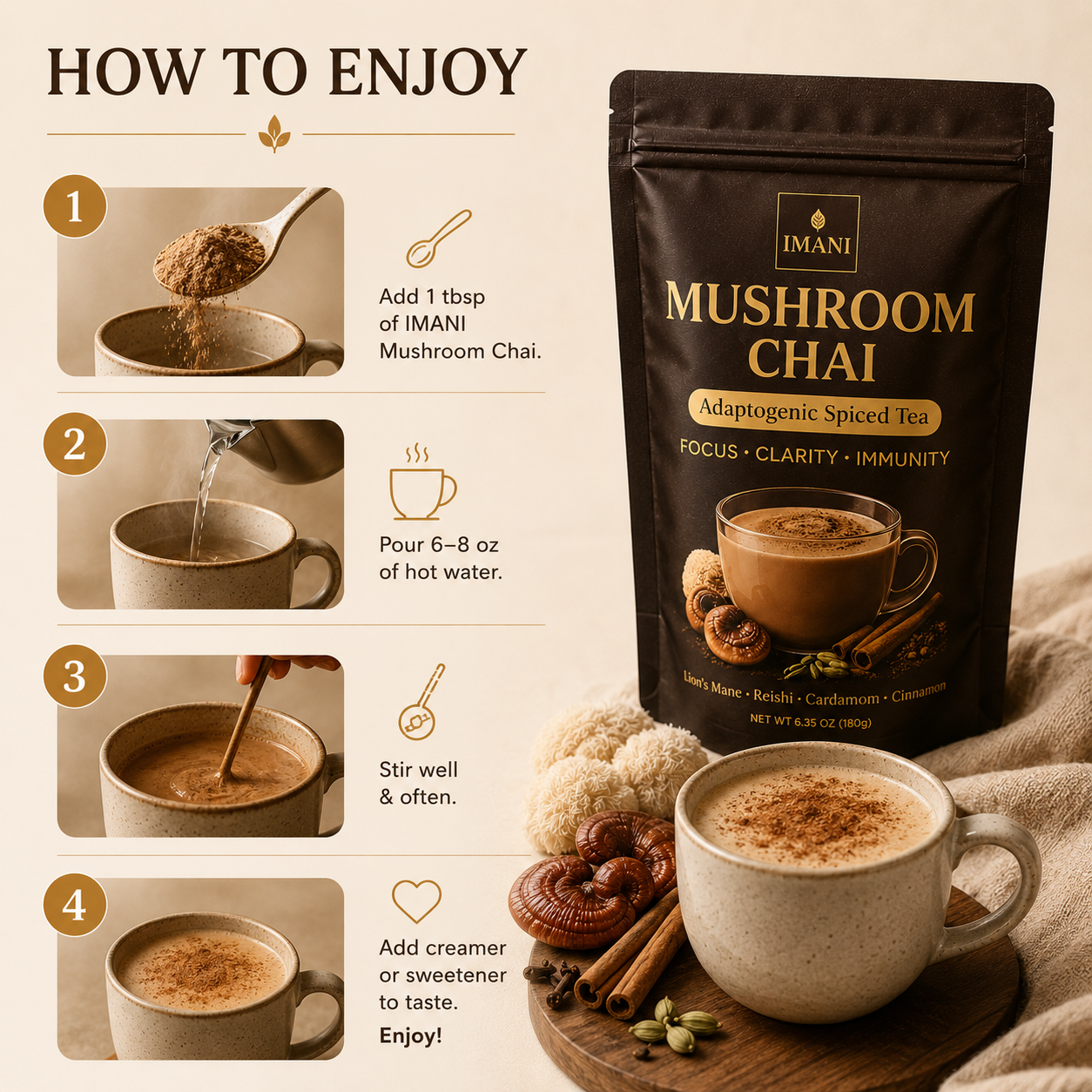 IMANI ORGANICS Adaptogenic Mushroom Chai Latte –  Spiced Tea for Focus, Clarity & Immunity