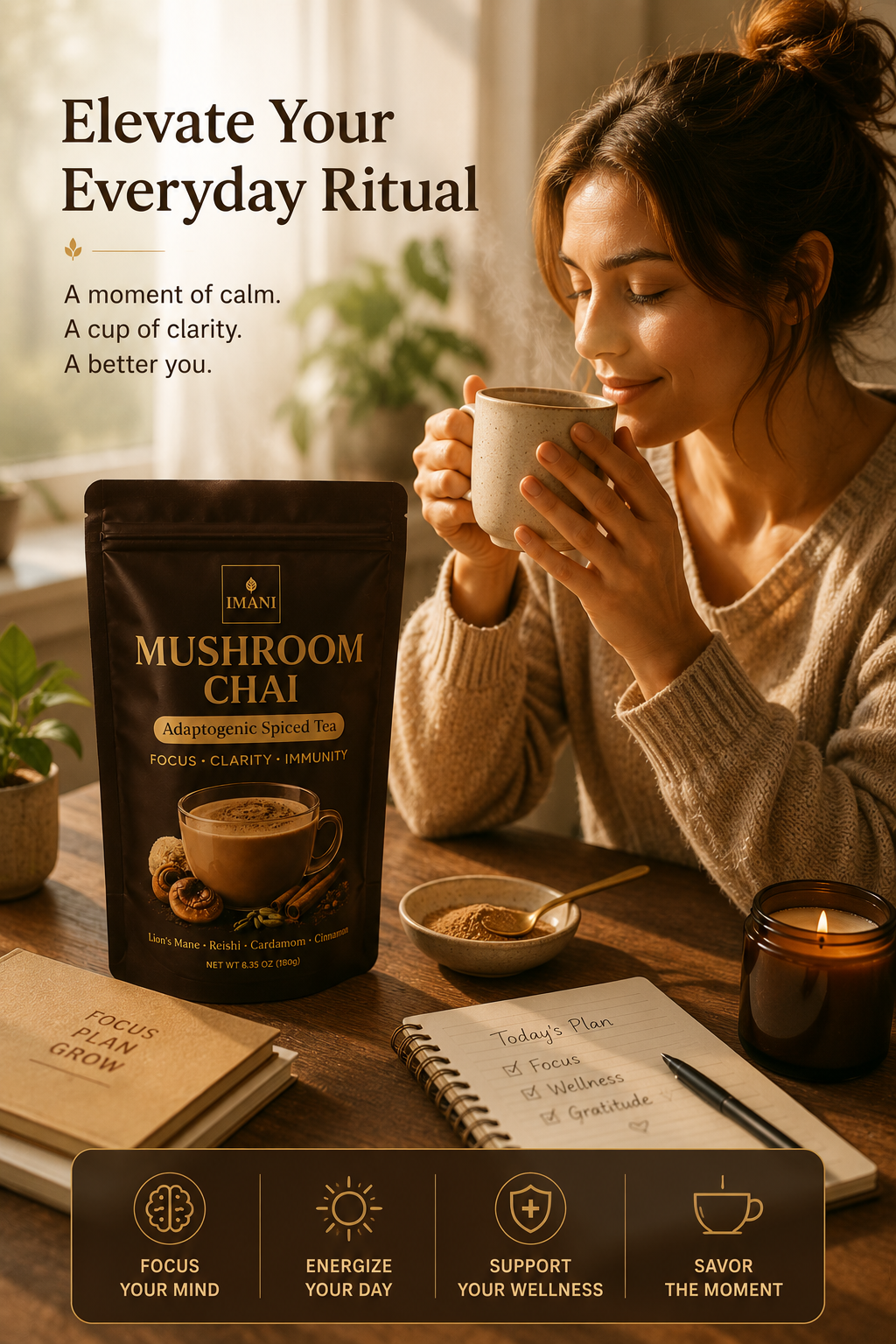 IMANI ORGANICS Adaptogenic Mushroom Chai Latte –  Spiced Tea for Focus, Clarity & Immunity