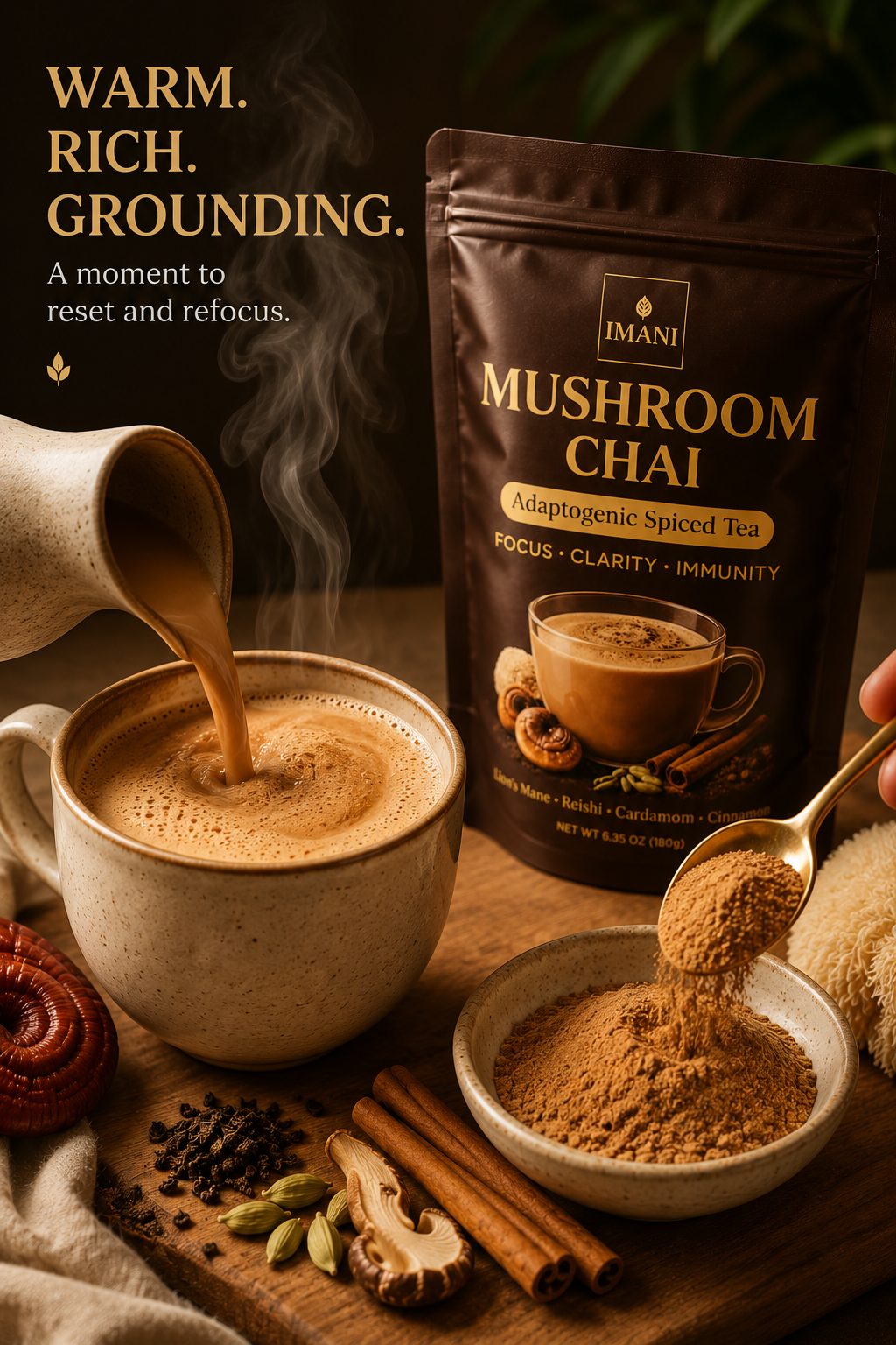 IMANI ORGANICS Adaptogenic Mushroom Chai Latte –  Spiced Tea for Focus, Clarity & Immunity