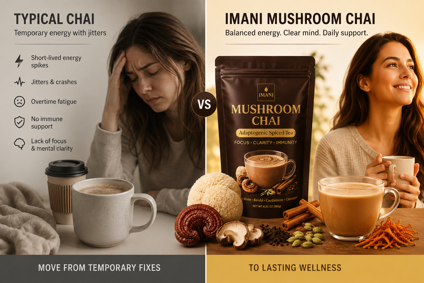 IMANI ORGANICS Adaptogenic Mushroom Chai Latte –  Spiced Tea for Focus, Clarity & Immunity