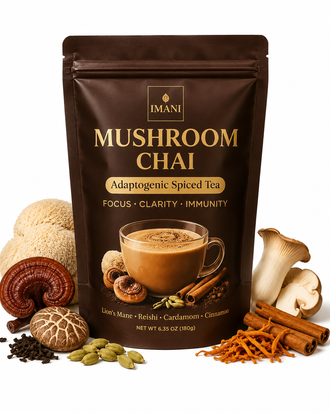 IMANI ORGANICS Adaptogenic Mushroom Chai Latte –  Spiced Tea for Focus, Clarity & Immunity