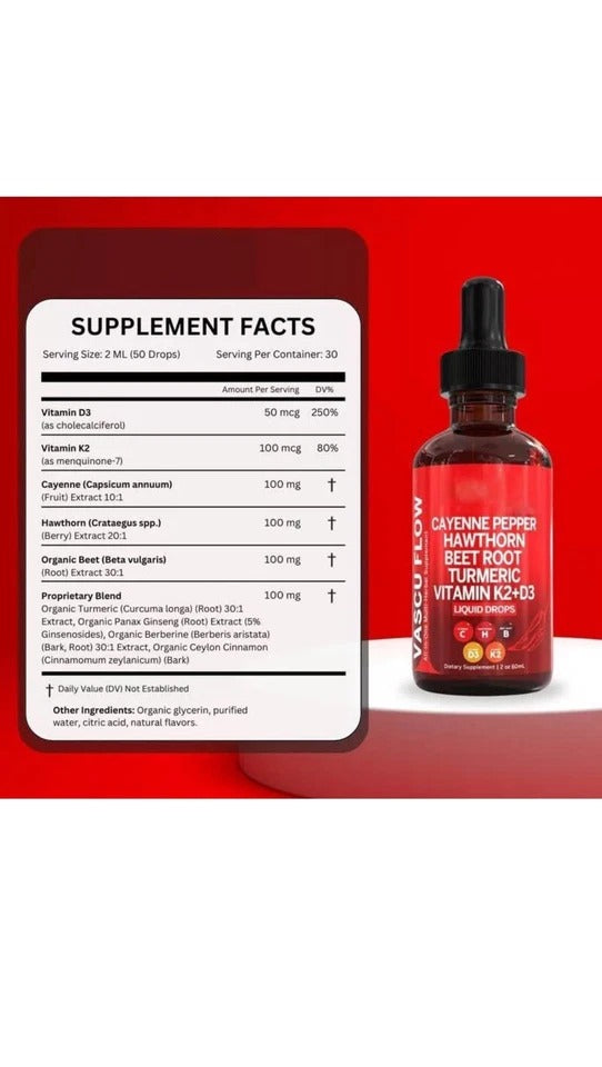 Cayenne Hawthorn Beetroot Turmeric Liquid Drops | K2+D3 ❤️ & Circulation Support