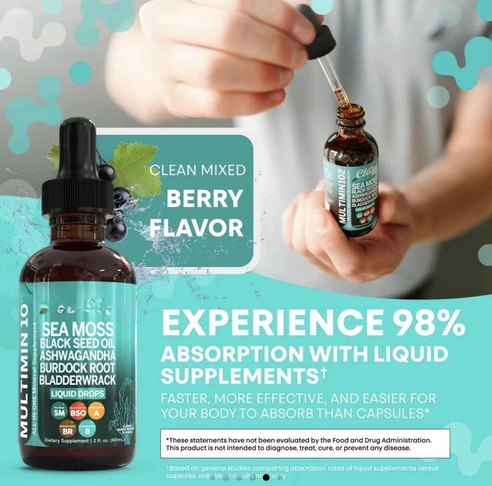 Sea Moss Liquid Drops Supplement with Black Seed Oil Ashwagandha Burdock Root &