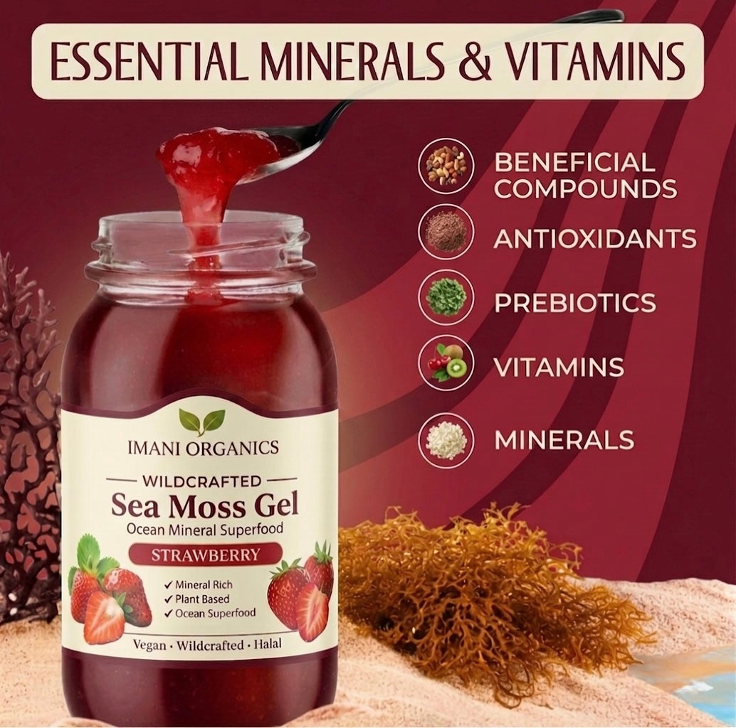 IMANI ORGANICS Wildcrafted Irish Sea Moss Gel | STRAWBERRY Flavor 18.5 Big Size!