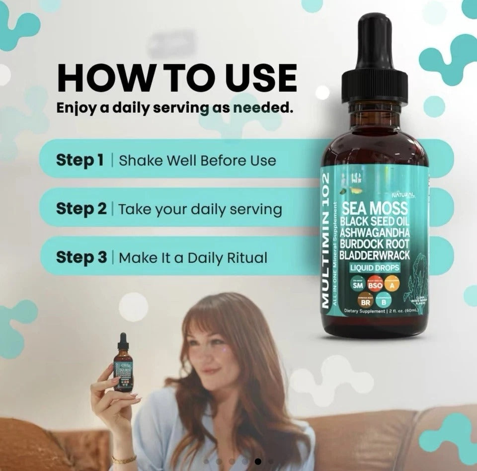 Sea Moss Liquid Drops Supplement with Black Seed Oil Ashwagandha Burdock Root &