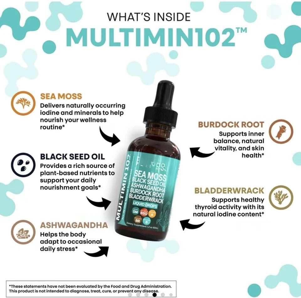 Sea Moss Liquid Drops Supplement with Black Seed Oil Ashwagandha Burdock Root &